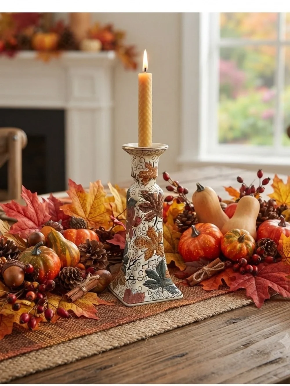 Vintage Hand Painted Fall Leaf Pattern Textured Candlestick Holder 1940